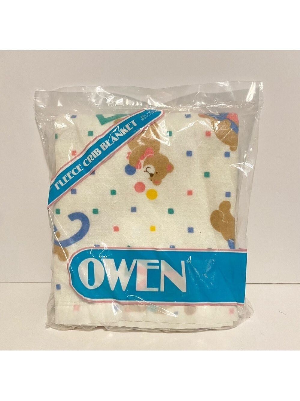 Vintage Baby Blanket Owen Teddy Bear Fleece Crib Bow Polka Dot Acrylic USA New